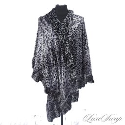 BRAND NEW WITHOUT TAGS SUPER SOFT LEOPARD PRINT SILVER GREY FAUX FUR PLUSH SCALLOPED WAVE CAPE WRAP OSFM