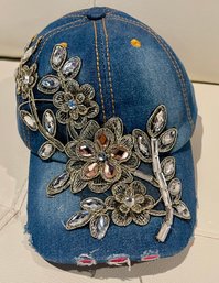 NEW WITH TAGS DENIM FLORAL BLING RHINESTONE CAP HAT
