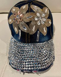 NEW WITH TAGS DENIM  COTTON FLORAL BLING RHINESTONE CAP HAT