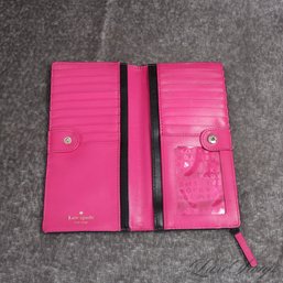 KATE SPADE NEW YORK BLACK LEATHER CLUTCH WALLET WITH HOT PINK LINING