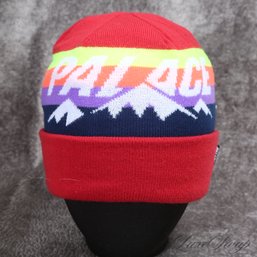 NEAR MINT PALACE SKATEBOARDS LONDON RED BEANIE HAT WITH NEON MOUTAINSCAPE JACQUARD LOGO OSF