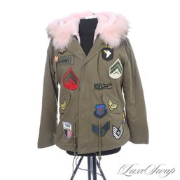 NEAR MINT ALBERTO MAKALI ARMY GREEN PARKA WITH PATCHES GENUINE PINK FOX FUR TRIM AND FAUX FUR LINING L