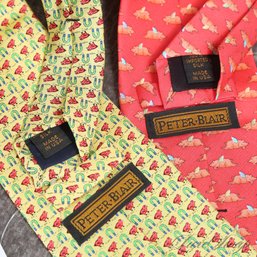 LOT OF 2 SPRING PERFECT WHIMSICAL AND RECENT PETER BLAIR YELLOW AND PINK HORSESHOE / PIGS FLY SILK TIES