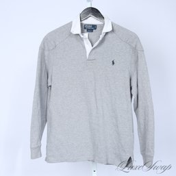 AWESOME MENS POLO RALPH LAUREN HEATHER GREY WHITE CONTRAST COLLAR ELBOW PATCH LONG SLEEVE POLO SHIRT M