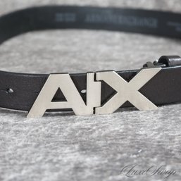 LOGOMANIA! WOMENS ARMANI EXCHANGE THICK BLACK LEATHER SILVER MONOGRAM BUCKLE BELT L