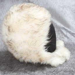 INSANELY COOL VINTAGE 1970S HIPPIE BOHO ABRAHAM & STRAUS IVORY MOTTLED GENUINE SHEARLING FUR HAT W/TAILS