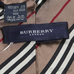 #11 THE ONE EVERYONE WANTS! AUTHENTIC AND NEAR MINT BURBERRY MADE IN ITALY TAN TARTAN NOVASTRIPE SILK TIE
