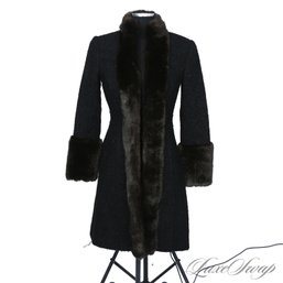 WINTERS FINEST TRINA TURK BLACK DOBBY BOUCLE TWEED AND BROWN FAUX MINK FUR TRIM LONG COAT 4