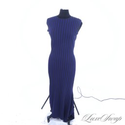 HIGH IMPACT GREY BY JASON WU DARK SAPPHIRE BLUE STRIPED STRETCH FLOOR LENGTH UNLINED KNIT DRESS M