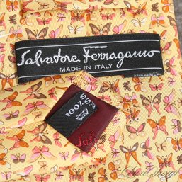 #13 NEAR MINT AND SPRING PERFECT SALVATORE FERRAGAMO MADE IN ITALY YELLOW PINK ALLOVER BUTTERFLY SILK TIE