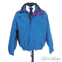 OG VINTAGE 1990S MENS COLUMBIA MADE IN USA TEAL PEACOCK BLUE AND PURPLE TRIM FLEECE LINED COAT XL