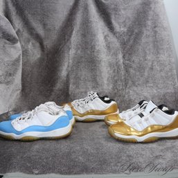 LOT OF 3 NIKE AIR JORDAN 11 SNEAKERS, TWO GOLD AND ONE UNIVERSITY BLUE 6Y, 6.5 Y