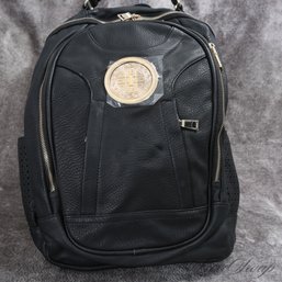 #1 BRAND NEW WITHOUT TAGS BLACK VEGAN LEATHER FULL SIZE BACKPACK BAG WITH GOLD COIN DETAIL