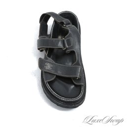 MOST WANTED! ONE CHANEL BLACK LEATHER CC MONOGRAM EMBROIDERED 'DAD SANDAL' BIRKENSTOCK STYLE SHOE