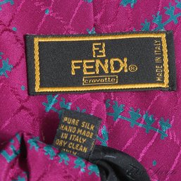 VINTAGE FENDI MADE IN ITALY DEEP MAGENTA JACQUARD ALLIGATOR PRINT AND TEAL TUMBLING BRANCHES SILK TIE