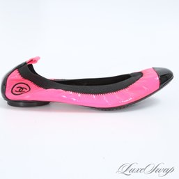 ONE AUTHENTIC CHANEL MADE IN ITALY NEON HOT PINK PATENT LEATHER CAP TOE BALLET FLAT SHOE 8