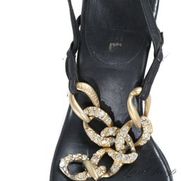 ONE CHANEL MADE IN ITALY BLACK LEATHER, GOLD CHAIN AND CRYSTAL LINK TOE THONG SANDAL 37.5