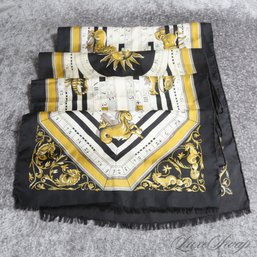 #1 ANONYMOUS BUT HIGH QUALITY BLACK WHITE AND GOLD ASTROLOGICAL PRINT HERMES STYLE OBLONG SILK SCARF