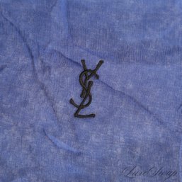 #3 VINTAGE YSL YVES SAINT LAURENT COBALT BLUE ULTRAFINE SILK CHIFFON MONOGRAM EMBROIDERED SMALL SCARF