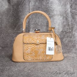 #8 BRAND NEW WITH TAGS ADORABLE CAMEL LEATHERETTE SNAKESKIN PRINT FRONT POCKET JEWEL CLASP SATCHEL BAG