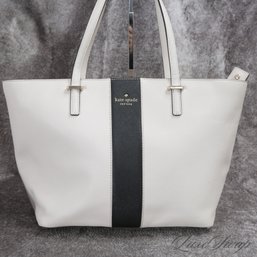 #9 FANTASTIC CONDITION KATE SPADE NEW YORK LIGHT CLAY STONE AND BLACK CENTER STRIPE SAFFIANO LARGE TOTE BAG