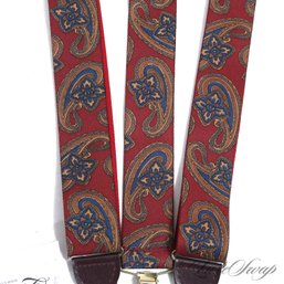 TRUE ELEGANCE! ONE PAIR OF VINTAGE MENS RED GROUND ALLOVER PAISLEY STRETCH SUSPENDERS