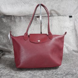 #1 NEAR MINT AND SUPER RECENT LONGCHAMP PARIS DEEP OXBLOOD WINE GRAINED LEATHER LARGE HANDBAG BAG