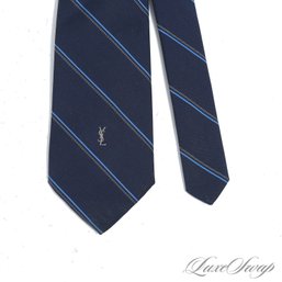 VINTAGE YSL YVES SAINT LAURENT MENS NAVY BLUE TIE WITH DOUBLE STRIPE AND MONOGRAM LOGO