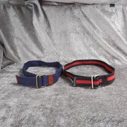 PREPPY SUMMER! LOT OF 2 MENS POLO RALPH LAUREN SOLID NAVY / NAVY RED STRIPE RIBBON RING BELTS FITS ABOUT S - L
