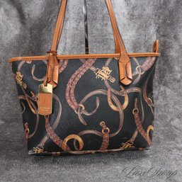 #12 THIS IS FANTASTIC! RALPH LAUREN BLACK ALLOVER ORNATE MONOGRAM AND EQUESTRIAN BELTS NEVERFULL TOTE BAG