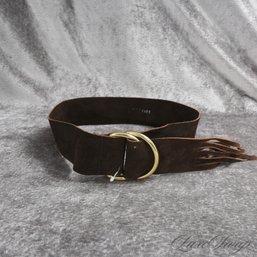 NEAR MINT VINTAGE 1960S 1970S ESPRESSO BROWN SUEDE BRASS RING BELT WITH HIPPIE FRINGED EDGE FITS ABOUT M