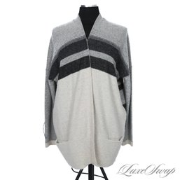 OUTSTANDING VINCE CASHMERE BLEND IVORY/GREY/BLACK STRIPED OVERSIZED BUTTONLESS CARDIGAN SWEATER M