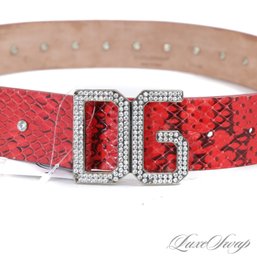 A REALLY INCREDIBLE DOLCE & GABBANA RED SNAKESKIN PRINT AND CRYSTAL STUDDED MONOGRAM BUCKLE WIDE BELT 30