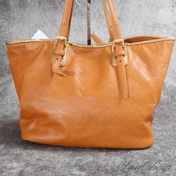 #5 MINT CONDITION AND SUPER RECENT LONGCHAMP PARIS WHISKEY TAN EMBOSSED MONOGRAM LOGO SATCHEL TOTE BAG