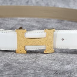 YOU KNOW WHAT THEYRE GONNA THINK! MENS MADE IN ITALY WHITE LEATHER BELT WITH GOLD H BUCKLE, FITS ABOUT 42
