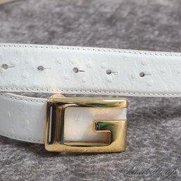 YOU KNOW WHAT THEYRE GONNA THINK! MENS MADE IN ITALY WHITE LEATHER BELT WITH GOLD G BUCKLE, FITS ABOUT 42