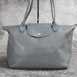 #7 MINT CONDITION AND SUPER RECENT LONGCHAMP PARIS MERCURY GREY GRAINED LEATHER LARGE HANDBAG BAG