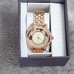 BRAND NEW IN BOX LARGE SIZE ATTENTION ROSE GOLD METAL DIAMOND EFFECT CRYSTAL ENCRUSTED ROUND WATCH