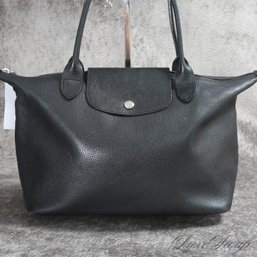 #9 NEAR MINT AND SUPER RECENT LONGCHAMP PARIS BLACK GRAINED LEATHER CLASSIC LARGE HANDBAG BAG