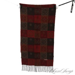 MINT CONDITION VINTAGE FENDI MADE IN ITALY MUTED CRANBERRY CHECKERBOARD MOSAIC SHAGGY FLEECE SHAWL SCARF
