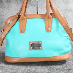 #11 SUMMER PERFECT VALENTINA MADE IN ITALY TIFFANY BLUE AND SADDLE TAN LEATHER ZIP TOP 16' BAG W/STRAP