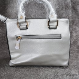 #19 ADORABLE AS HECK BRAND NEW WITH TAGS ISABELLE SILVER METALLIC SAFFIANO MICROMINI TOTE BAG W/ GOLD HARDWARE