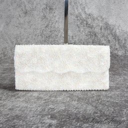 #12 BRAND NEW IN BOX DEADSTOCK VINTAGE 1980S WHITE SATIN FULLY EMBROIDERED EVENING CLUTCH BAG