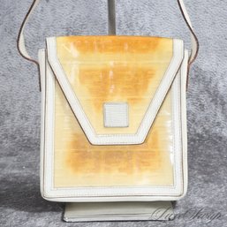 #14 AUTHENTIC VINTAGE FENDI MADE IN ITALY WHITE GRAINED LEATHER AND PVC MONOGRAM CROSSBODY BAG