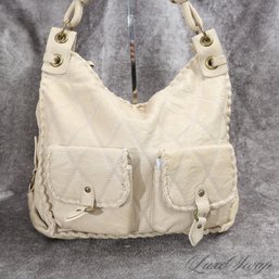 #21 MASSIVE AND FANTASTIC ISABELLE FIORE LIGHT KHAKI TUMBLED LEATHER DIAMOND QUILTED TWISTED EDGE HOBO BAG