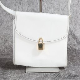 #16 EXCEPTIONAL VINTAGE 1980S GUCCI MADE IN ITALY WHITE GRAINED LEATHER GOLD PADLOCK CROSSBODY 8' BAG