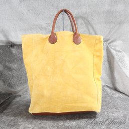 #18 A VERY HIGH QUALITY AND X-LARGE BARNEYS NY MADE IN ITALY YELLOW UNLINED SUEDE LEATHER TRIM TOTE BAG