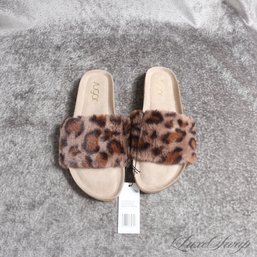 BRAND NEW WITH TAGS SUGAR NATURAL BROWN LEOPARD PRINT FAUX FUR SLIDES SANDALS 7