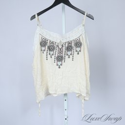 BOHO LUXE! BRAND NEW WITH TAGS PINK DIAMOND IVORY CRIMPED VOILE BOHEMIAN EMBROIDERED TRAPEZE TANK TOP M