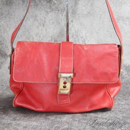 #21 NEO VINTAGE Y2K PRADA FOR BERGDORF GOODMAN RED SAFFIANO LEATHER GOLD STUD DETAIL FLAP CROSSBODY 15' BAG